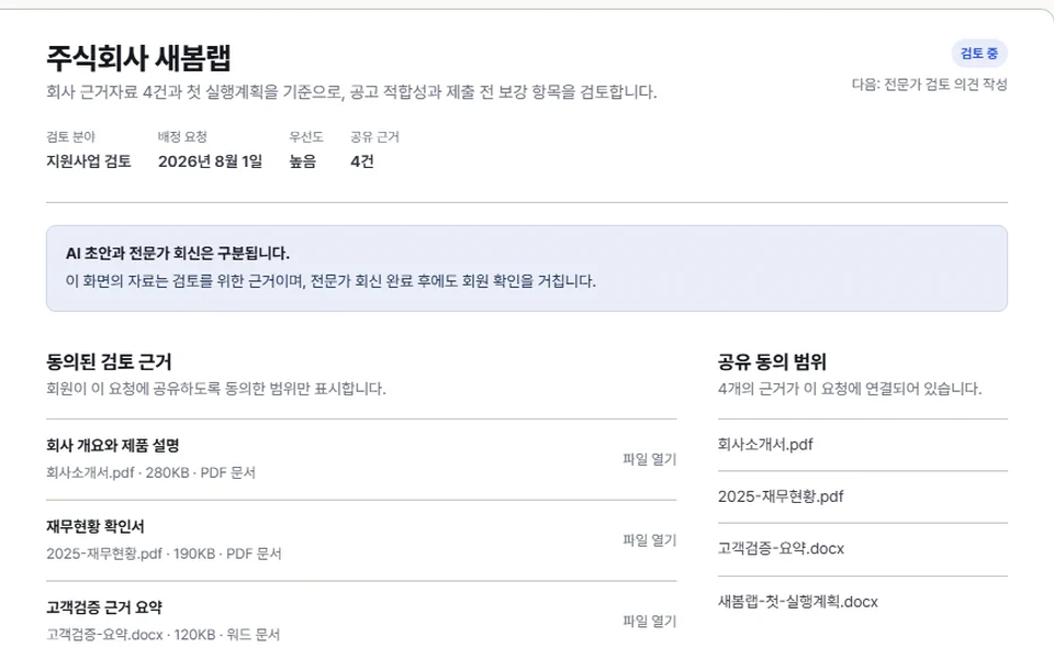 가상 회사인 주식회사 새봄랩의 지원사업 전문가 검토 범위와 작성 문서를 보여주는 Dream Ventures 전문가 업무 화면